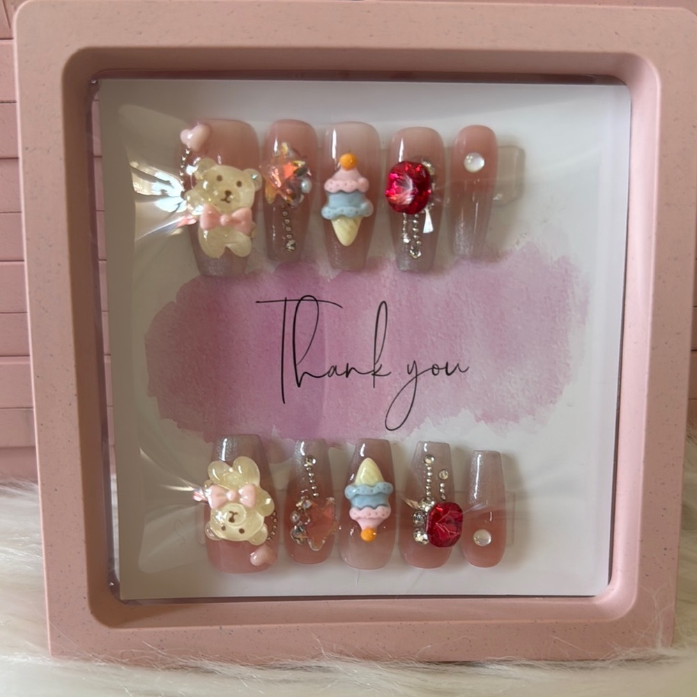 Cute Pink Bear and Ice Cream Nail Set